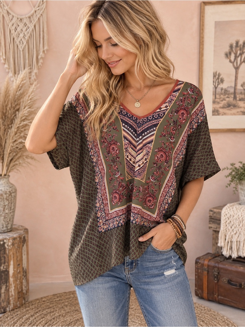living doll Olive Multi Boho V-Neck Tunic with Pink Accents